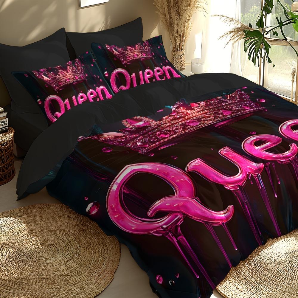 3pcs Bedding Set Pink Queen Crown 3D Print Cozy Duvet Cover King Queen Twin Size Birthday Gift for Adult Girl Bedroom Decoration