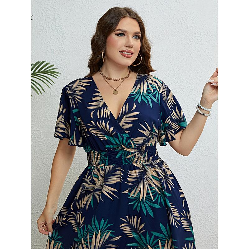 Летнее женское платье большого размера с v-образным вырезом и коротким рукавом на талии, тонкие платья