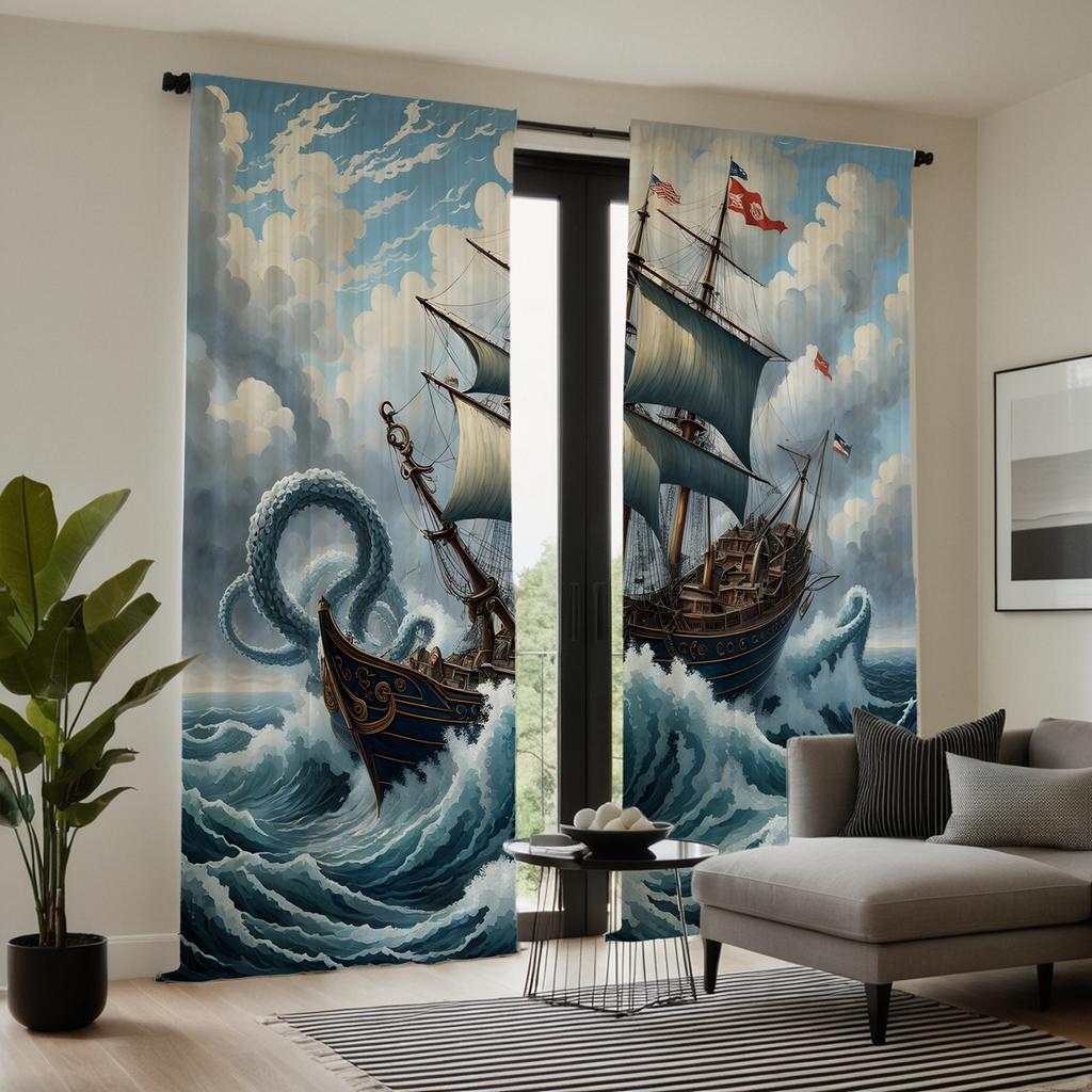 2 Pieces of High Definition Sea Sailboat Decorative Curtain Blue Tie Digital Printed Curtain Home Decoration Style Decoration Li