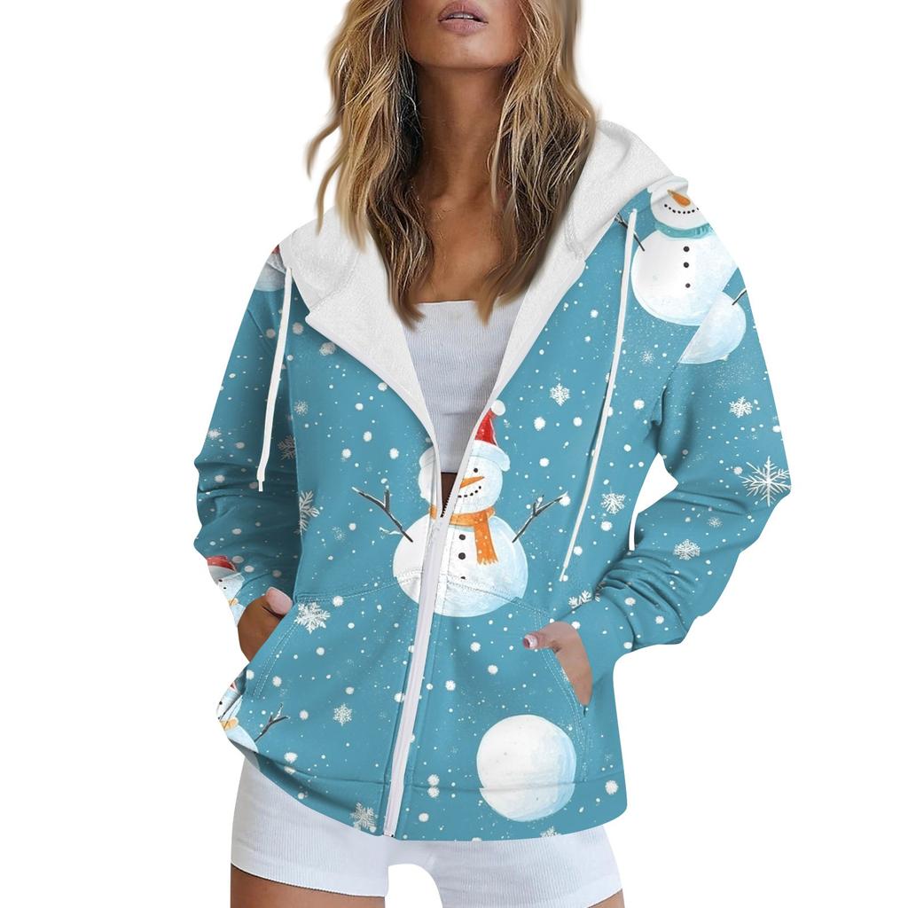 Женская рождественская печатная толстовка осень-зима с длинным рукавом кардиган куртка с карманами на молнии толстовка с капюшоном верхняя одежда