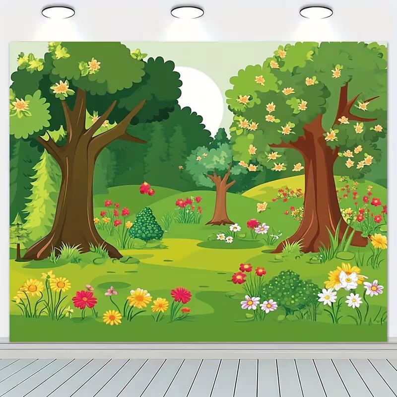 2D Flat Cartoon Spring Forest Backdrop Kids Photography Background