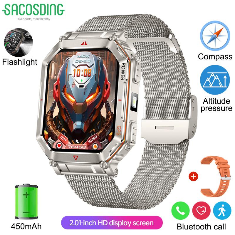 New Smart Watch GPS Sports Men Compass LED Flashlight Altimeter Barometer Bluetooth Call 3ATM Waterproof AMOLED Screen Smartwatch 450mAh