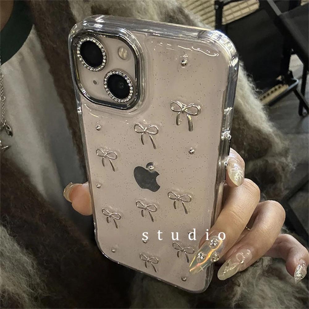 Роскошный 3D Серебряный Бантик Прозрачный Чехол Для Телефона Для iPhone 16 15 13 12 11 Pro Max 14 Plus Корейская Девушка Эпоксидный Блестящий Мягкий Чехол