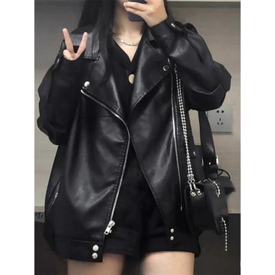 Осенне-зимняя мода Женская однотонная свободная повседневная верхняя одежда Черные куртки из ПУ кожи Мотоциклетные куртки из искусственной кожи