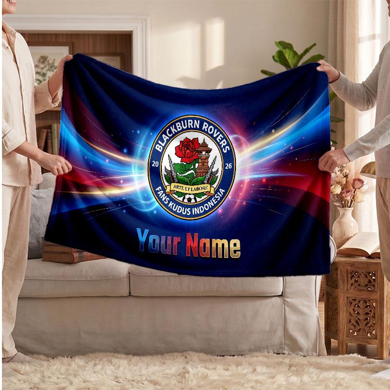 Blackburn Rovers FC Personalized Fleece Blanket With Football Logo, Custom Name Text Soft Warm Home Throw Blanket