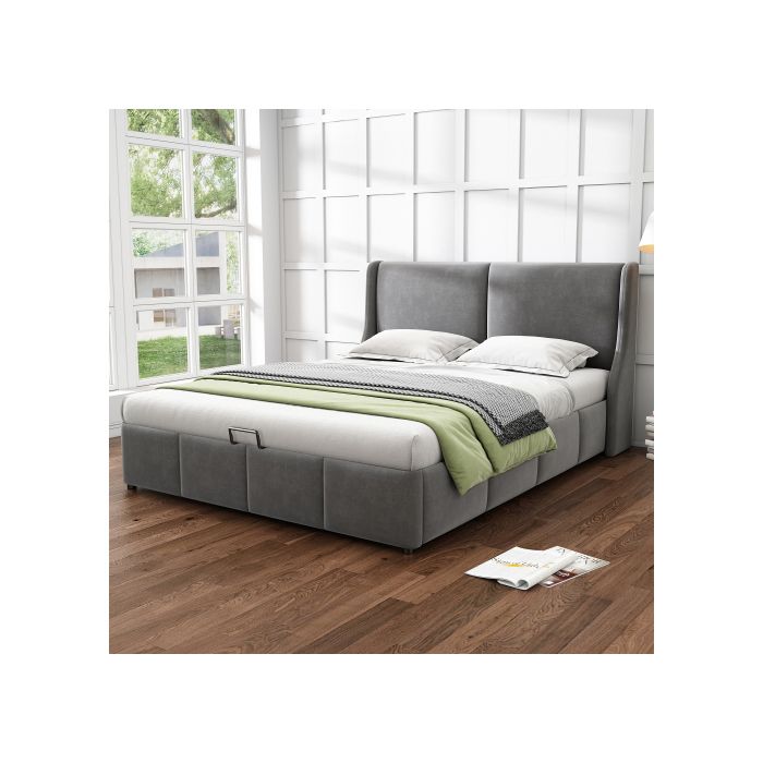 Lit double - MUVOE - 140 x 190 - Gris - Rembourré - Fonctionnel hydraulique