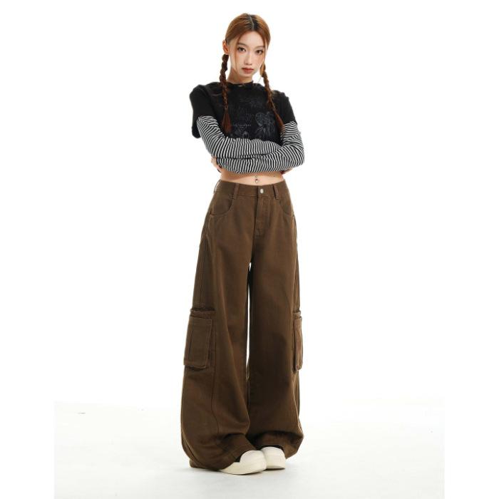 Army green casual high-waisted tooling jeans women's 1116 spring new thin loose big pocket wide-leg pants cotton
