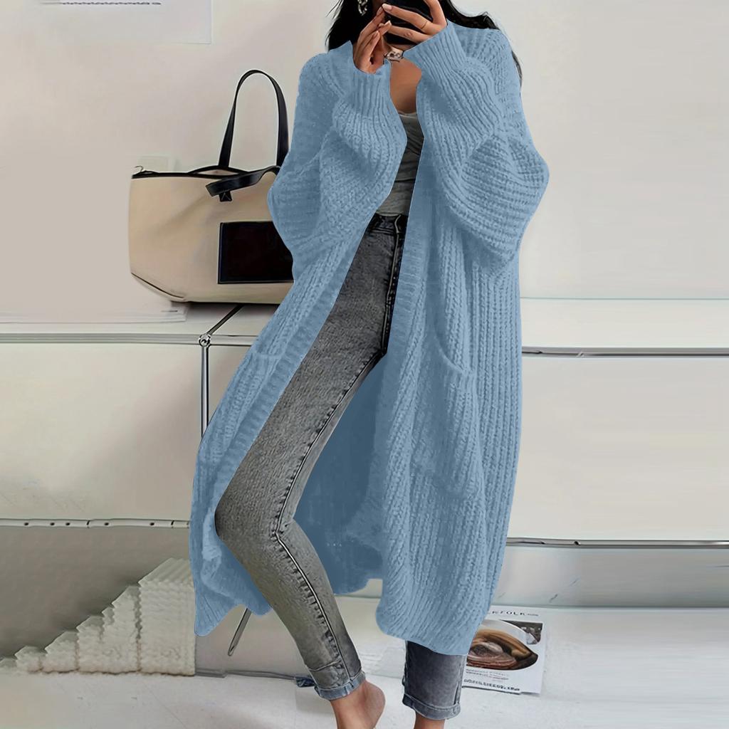 Женский однотонный кардиган машинной вязки с длинным рукавом до колена, ленивый тренд, куртка для волос средней длины