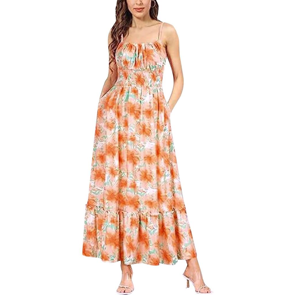 Женское летнее платье макси без рукавов с цветочным принтом на тонких бретельках, пляжное длинное платье в стиле бохо, пляжная одежда для отпуска