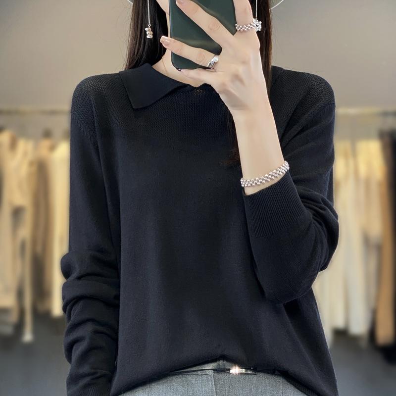 HNXC Autumn and Winter Knitted Sweater, Women's POLO Neck Solid Color Long-sleeved Sweater, Loose Solid Color Knitted Base Layer