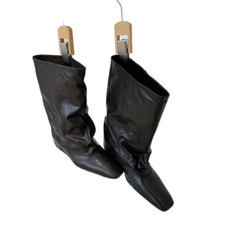 Натуральная коровья кожа~ Новые осенне-зимние ботинки на танкетке, квадратный носок, свободный голенище, полусапоги, женские короткие ботинки, модные ботинки-рыцари