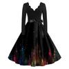 Women's Casual Fashion V-neck Long Sleeved Retro Christmas Print Retro Dress