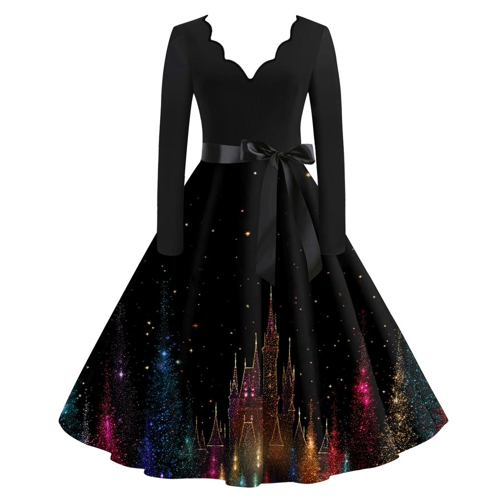 Women's Casual Fashion V-neck Long Sleeved Retro Christmas Print Retro Dress