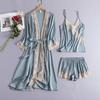 Pajamas, Kimono Robe Set with Shorts, Lace Three-piece Sleep Set, Women's Pajamas, Satin Summer Pajamas, Home Wear