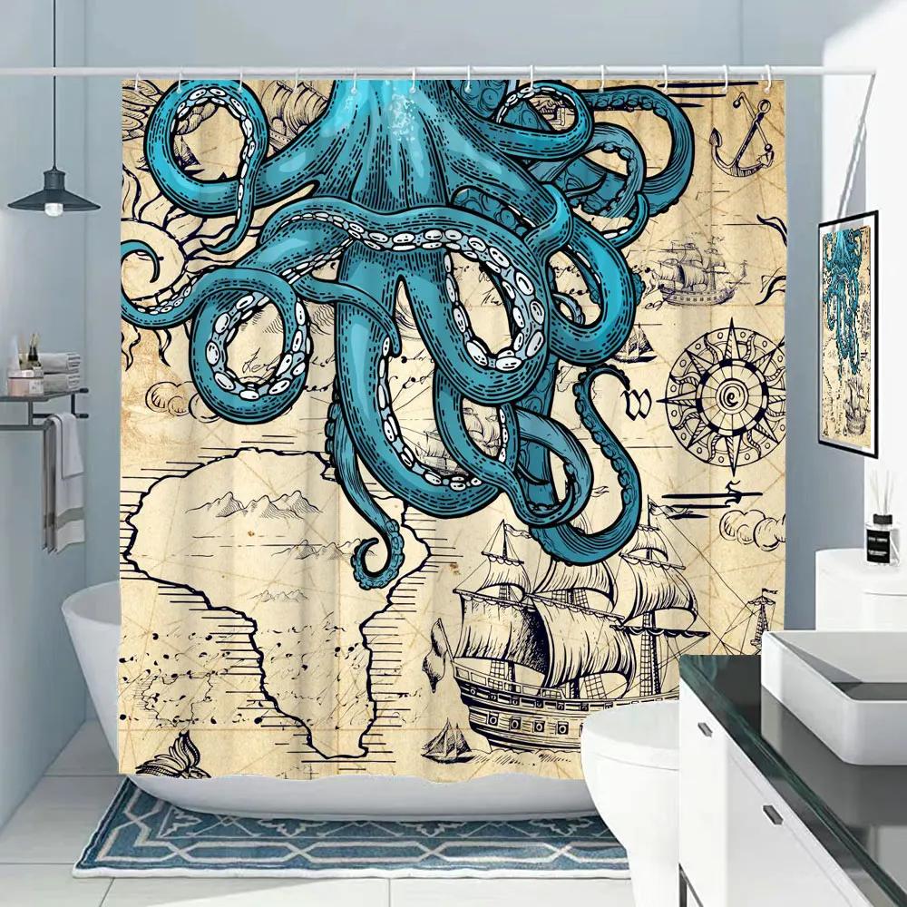 Занавеска для душа с изображением осьминога, морской черепахи, пляжа, прибрежной синей рыбы, ракушки, медузы, занавески для ванной комнаты, декор для ванной комнаты