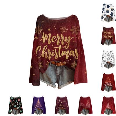 Женский легкий свитер с круглым вырезом, повседневный вязаный пуловер с длинным рукавом и рождественским принтом