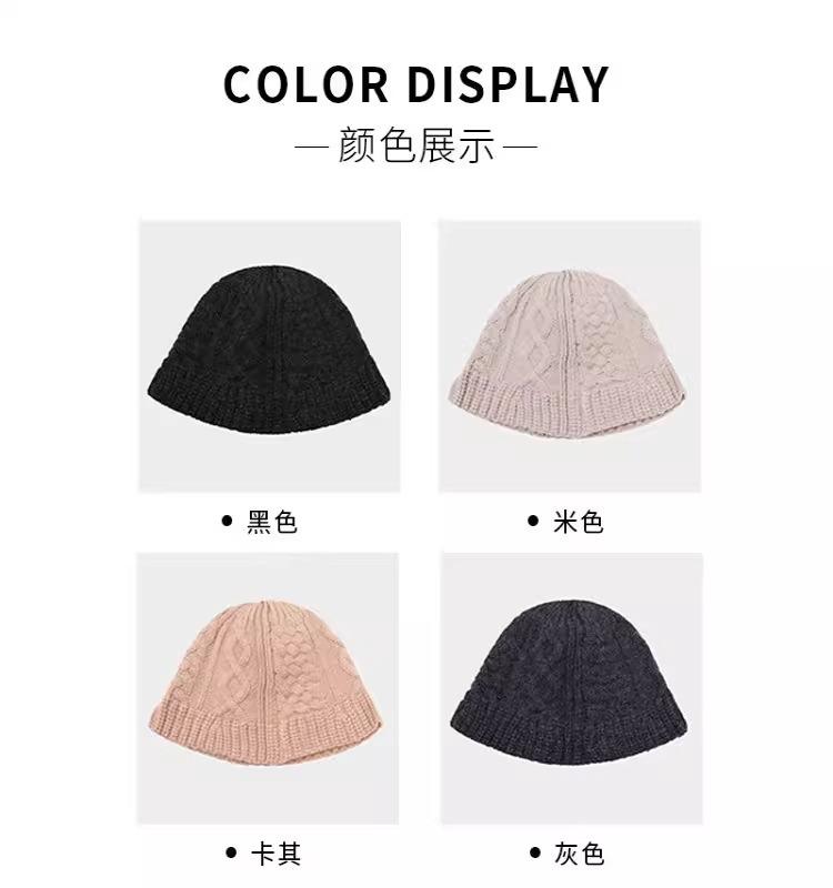 Hat female autumn and winter retro twist knitted bucket hat versatile big head circumference showing face small wool basin hat