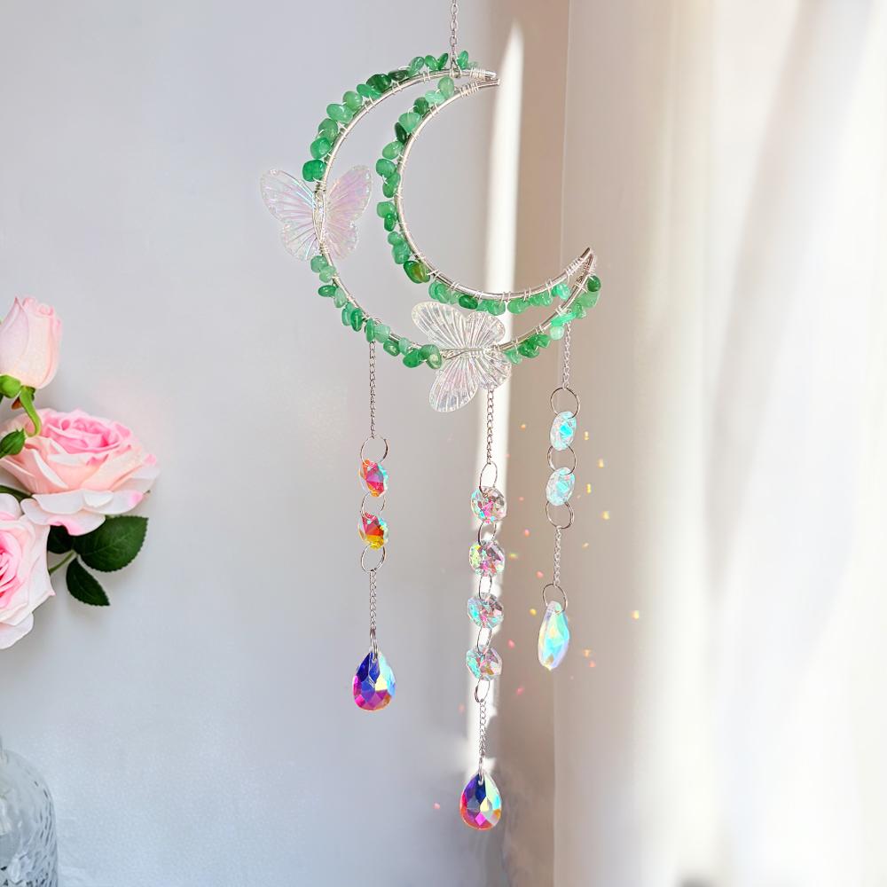 Butterfly Moon Crystal Suncatcher with Natural Gemstone Chips Rainbow Prism Window Hanging Ornament
