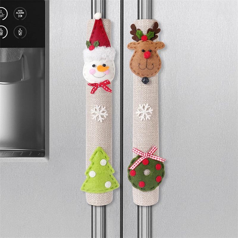 Christmas Home Decoration Items Santa Claus Snowman Elk Linen Refrigerator Handle Stick Microwave Oven Handlebar Cover