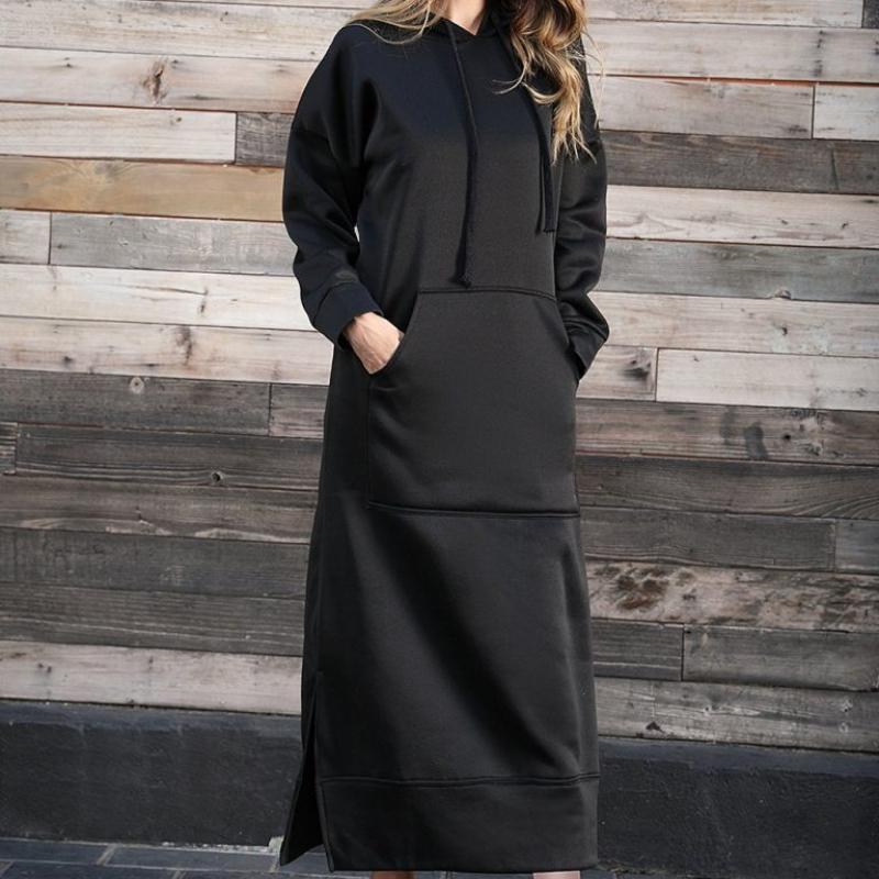 GMXIA Осенне-зимнее свободное трикотажное длинное платье большого размера с капюшоном, толстовка с подкладкой, повседневные модные платья, платья с большими карманами