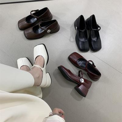 Ретро толстый каблук с юбкой туфли-лодочки Новые туфли с квадратным носком, с открытой союзкой, на низком каблуке Женские туфли Мэри Джейн