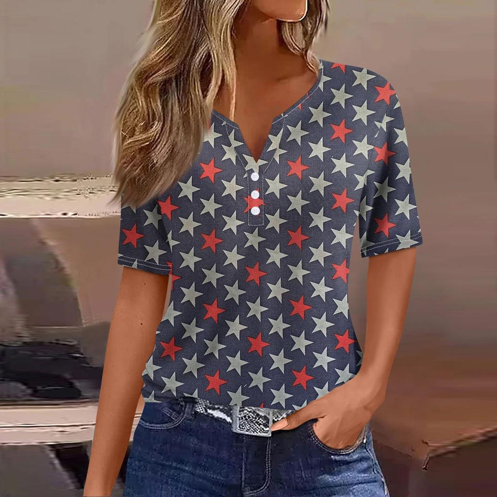 Жен. Футболка Футболка С принтом Пуговицы С короткими рукавами Повседневные Выходные Мода Классический V-образный вырез Обычный Верх