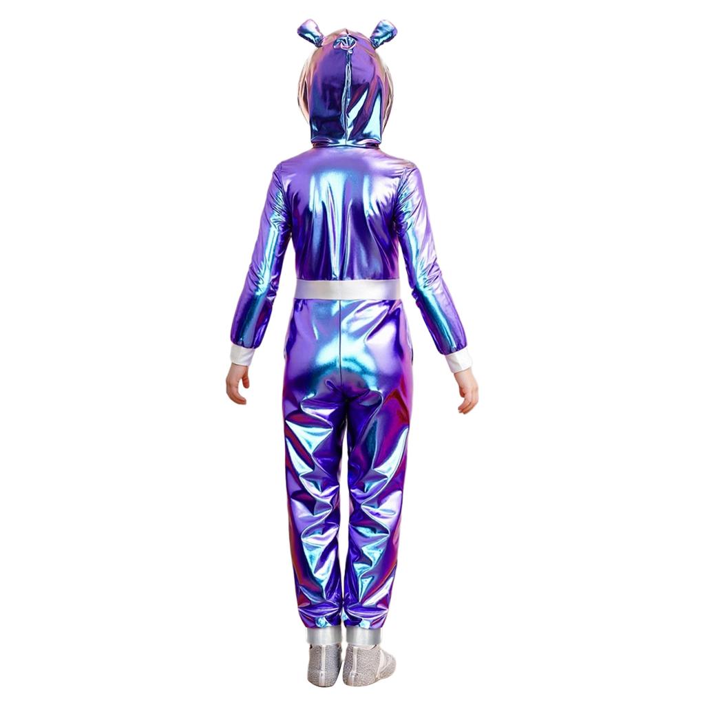 Girls Alien Halloween Costume Metallic Gloss Hood Long Sleeve Front Zipper Jumpsuit Fancy Dress Party Outfit