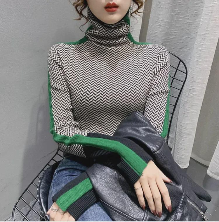 Женский ретро-кашемировый свитер — свободный крой, высокий ворот, контрастный цвет, осень/зима