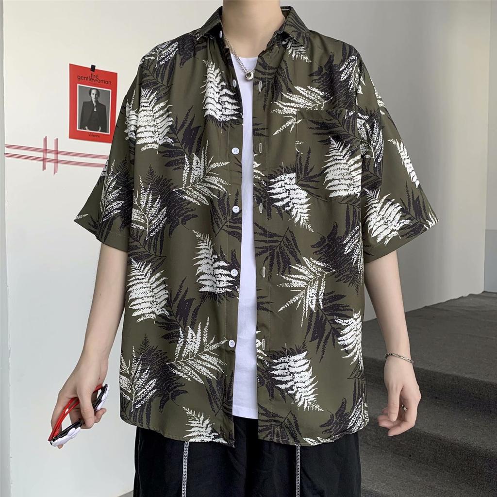 Hawaiian Men's Casual Flower Shirt Hong Kong Style Retro Beach Shirt Floral Couple Flower Shirt Short Sleeve Men