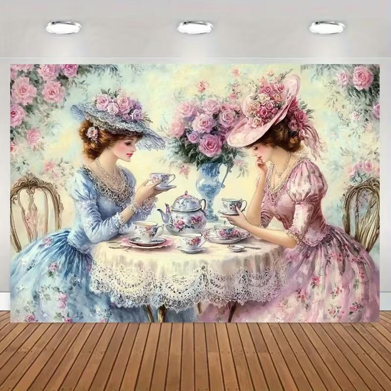 2D Elegant Rose Garden Tea Party Backdrop for Photoshoot