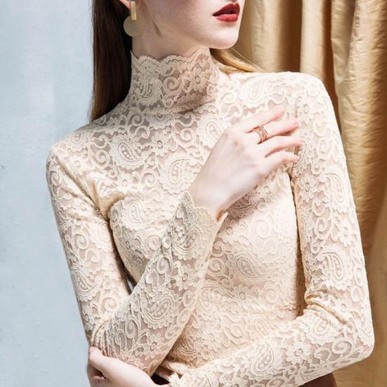 Women Bottoming Top Slim Fit High Collar Long Sleeve Hollow Out Solid Color Daily Collocation Thin