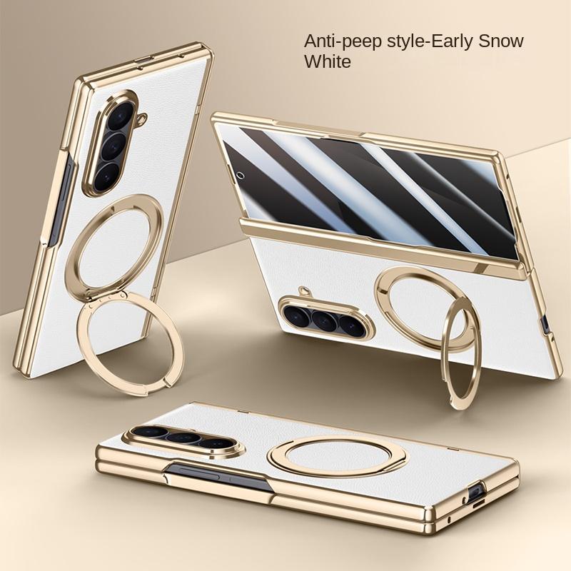 Для Samsung Galaxy Z Fold 7 Кожаный 360° Поворотный Держатель Магнитное Закаленное Стекло Передняя Пленка Противоударный Чехол для Телефона с Поддержкой Отпечатков Пальцев