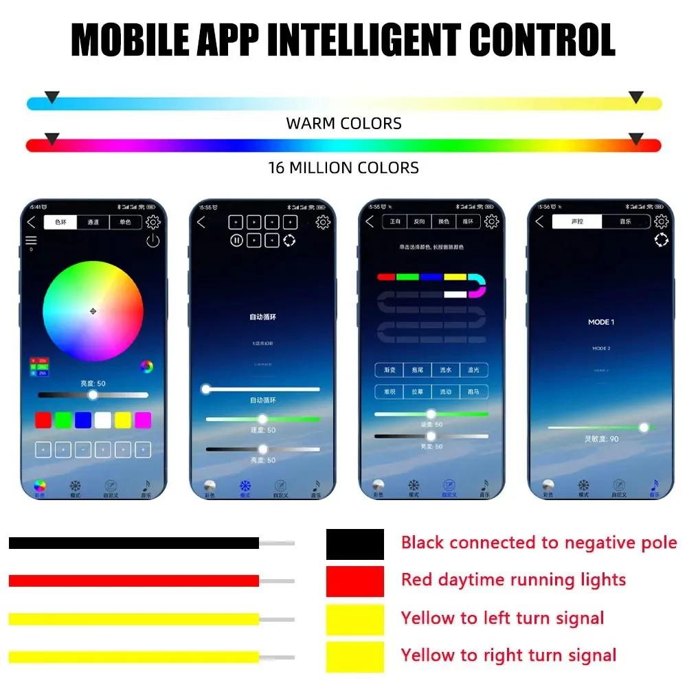 2 шт. 12 В RGB Светодиодная лента для автомобиля, Поворотник с эффектом бегущего огня, Управление через приложение, Гибкая декоративная лента, Водонепроницаемая, Дневные ходовые огни (DRL)