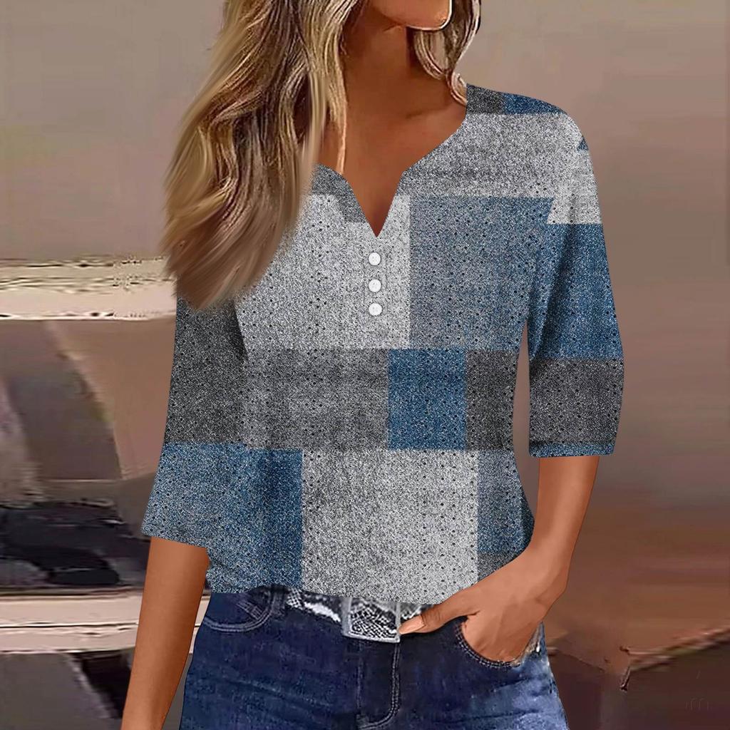 Женская модная футболка с V-образным вырезом, пуговицами, рукавами семь, повседневная полосатая клетчатая футболка с принтом