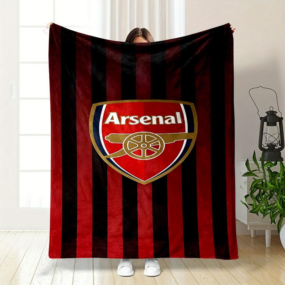 Arsenal Logo on Red Striped Background Patterned blanket, flannel, suitable for all seasons, home decor, warm and cozy