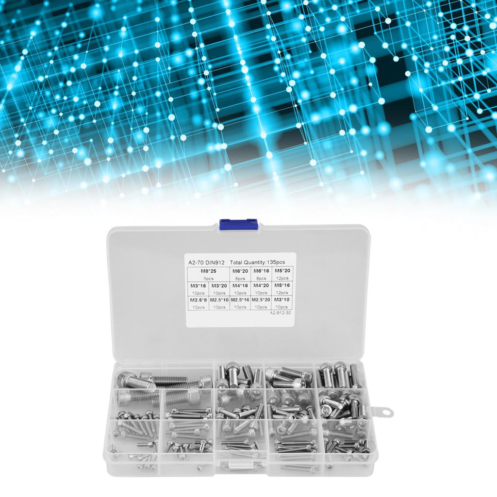 135pcs M2.5 M3 M4 M5 M6 M8 304 Stainless Steel Hex Socket Head Screws Set, 304 Stainless Steel Hex Socket Head Screws with Transparent Storage
