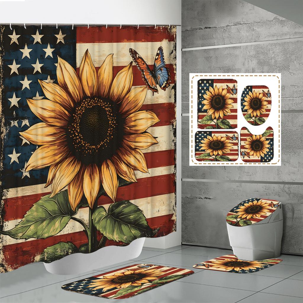 4PCS Shower Curtain Sets With Shower Curtain And Rugs Toilet Lid Rug U Shape Mat And Bath Mat Bathroom Set With 12 Hooks