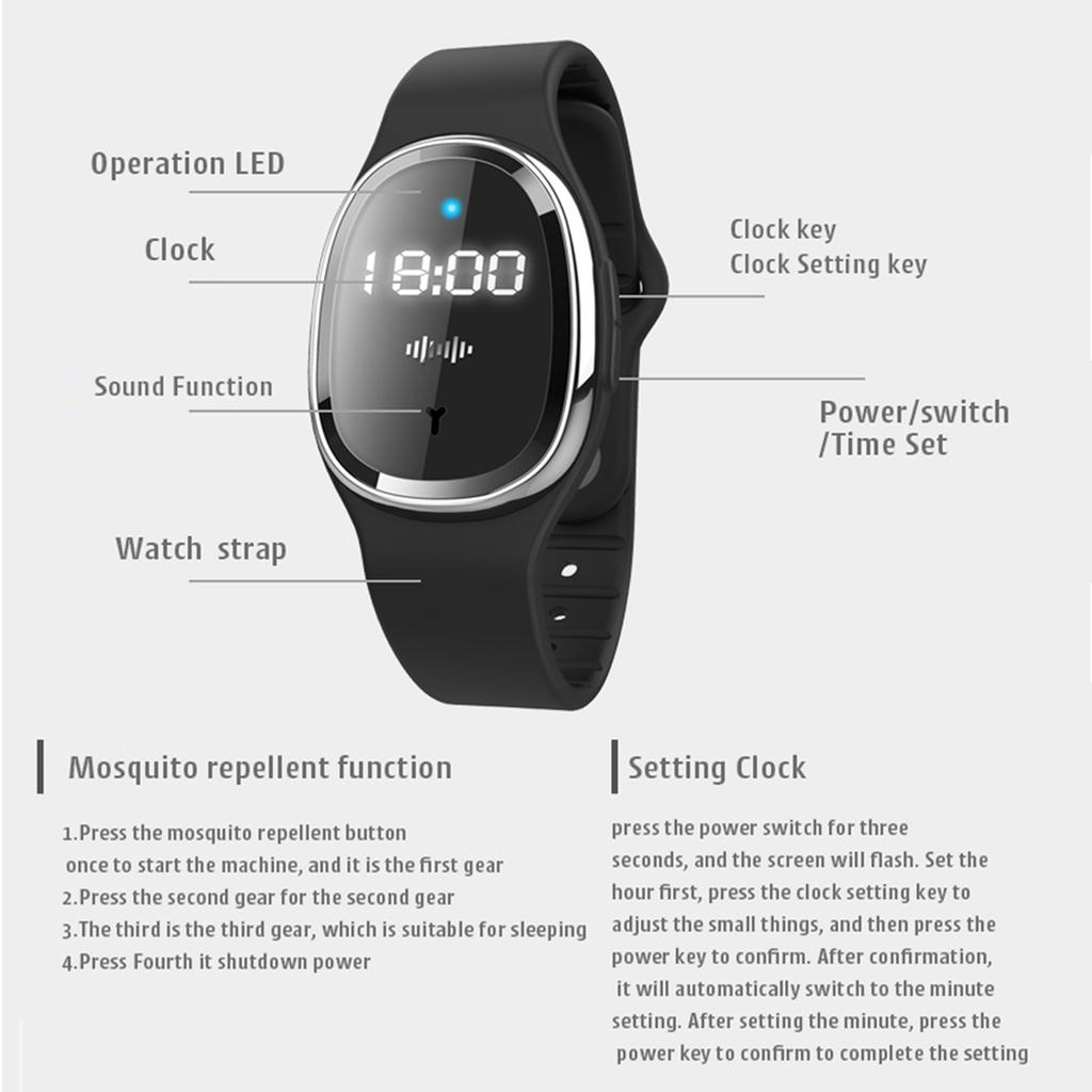 Portable Ultrasonic Mosquito Repellent Bracelets with Clock Non-Toxic Deet Free Bug Insect