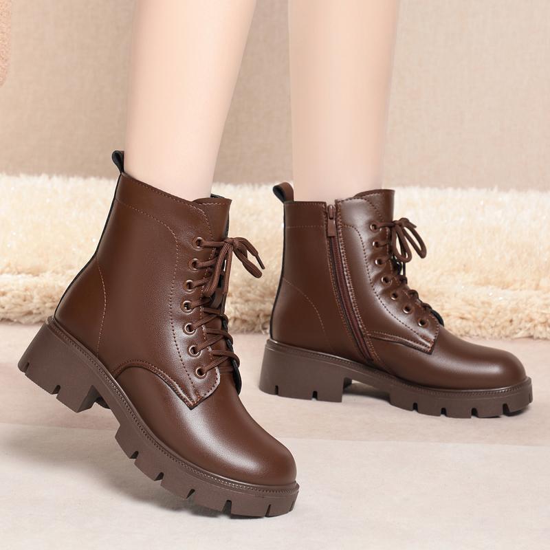 Модные женские зимние ботинки из натуральной кожи 2025 Новые Теплые женские сноубутсы из натуральной шерсти Большой размер Британский стиль Женские ботинки
