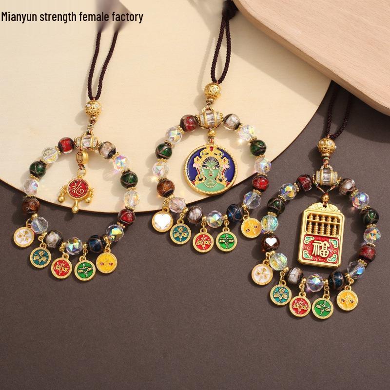 Tibetan Wealth God Zhakila Lhamo Incense Ash Glass Pendant - Five Directions Car Charm, Metal Retro Style