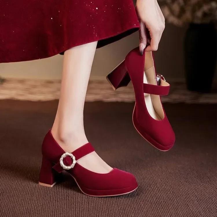 Мода 2024 Мода Туфли Мэри Джейн Женские Туфли на Высоком Каблуке Платья Однотонный Ремешок с Пряжкой Высокие Каблуки Zapatos De Mujer