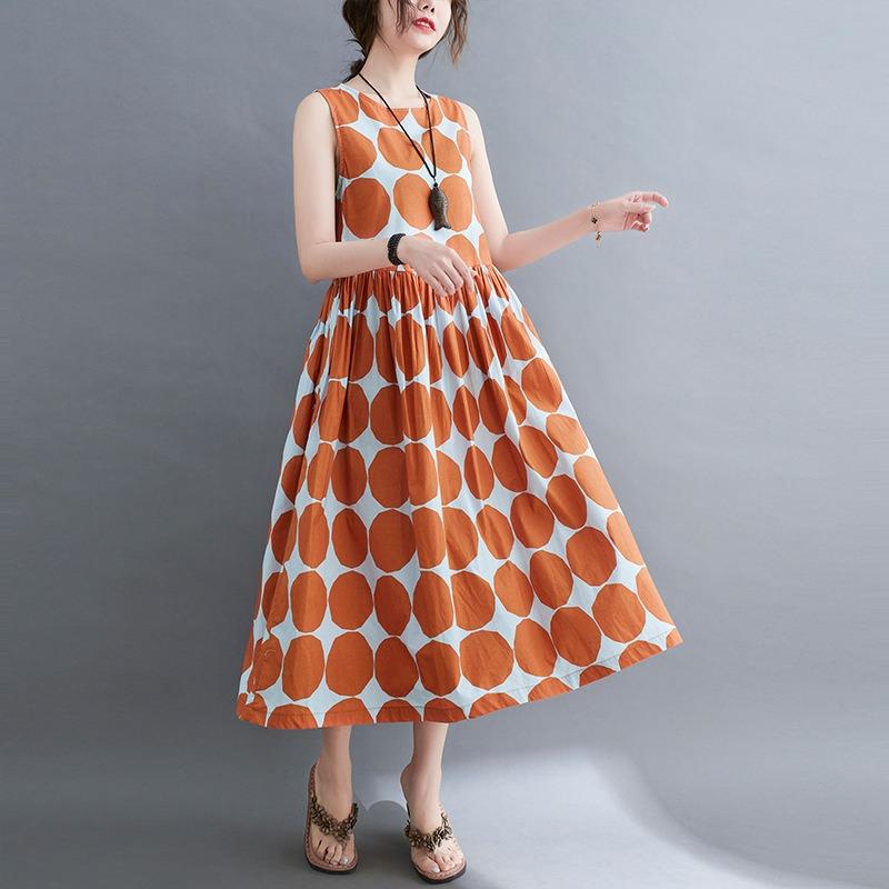 Summer Literature Loose Slimming Polka Dot Round Neck Sleeveless Dress Doll for Women Casual Dresses