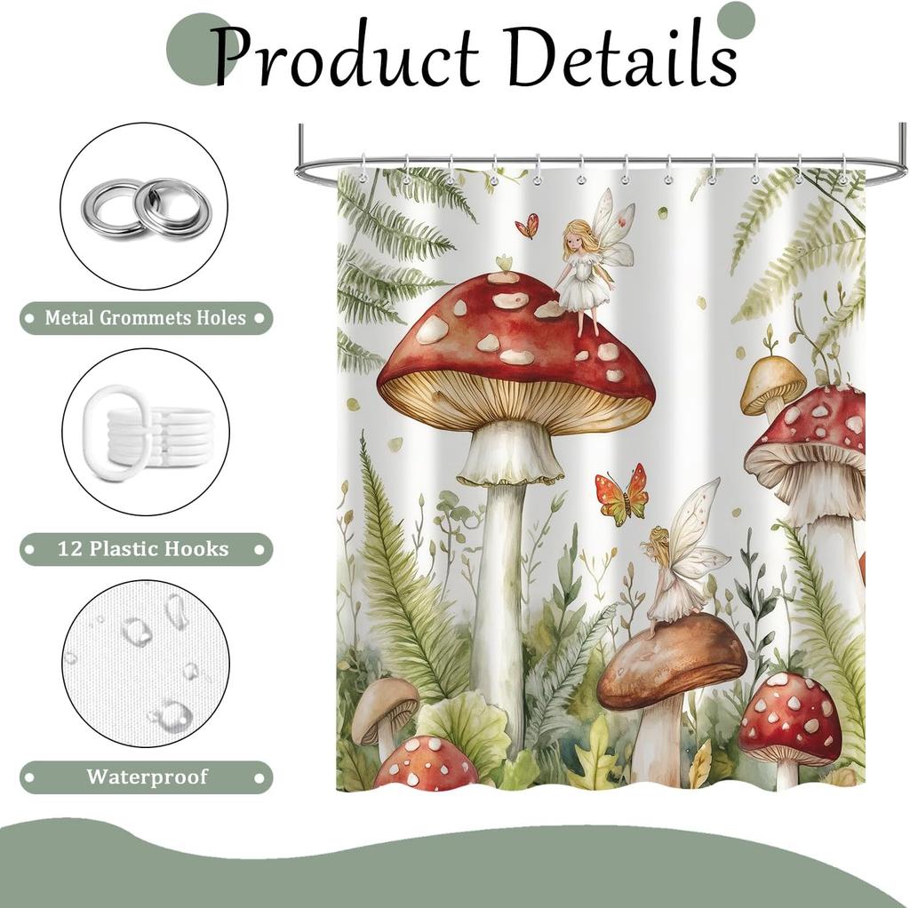 Летняя шторка для душа с грибами, Акварельные зеленые листья растений, Феи, Занавеска для ванной комнаты, Водонепроницаемая ткань из полиэстера, Занавеска для ванны