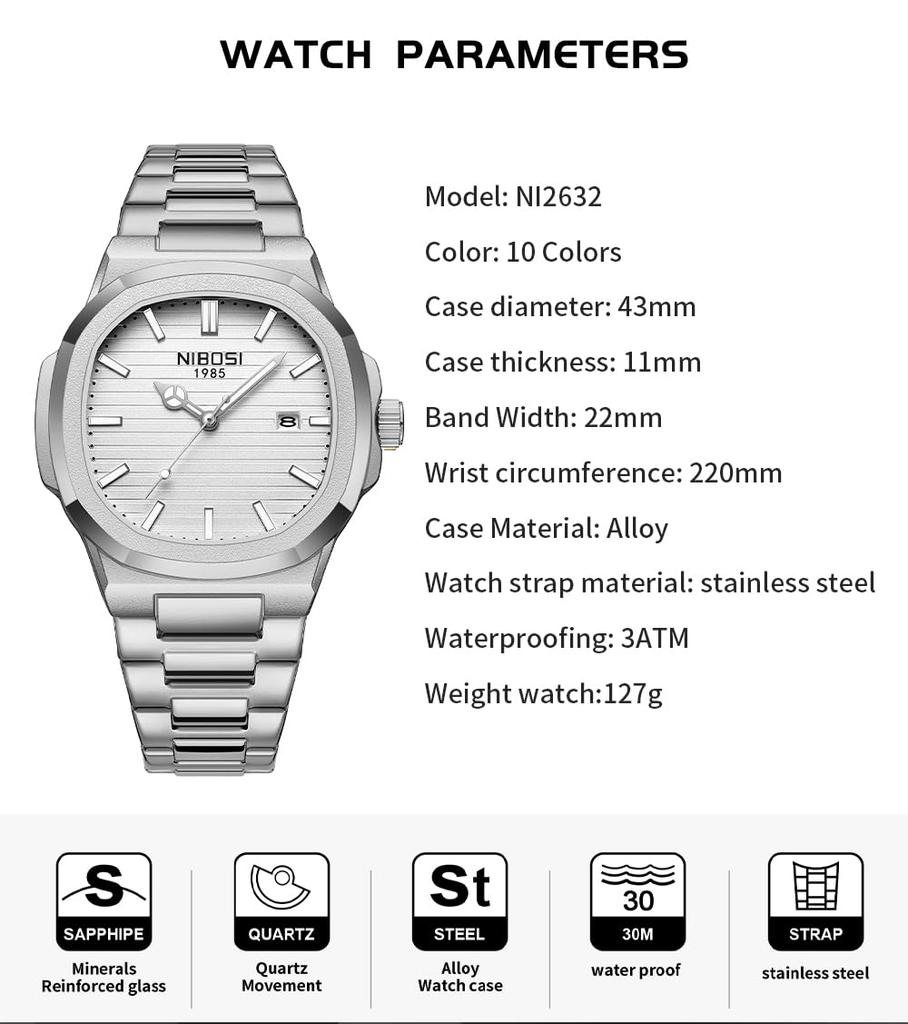 NIBOSI Металлические часы из нержавеющей стали для мужчин Мужские часы, Стильные, Деловые, Стальные, Наручные часы, Джентльменские, Водонепроницаемые, Аналоговые, Ремешок, Повседневные, Дата, Люминесцентные,