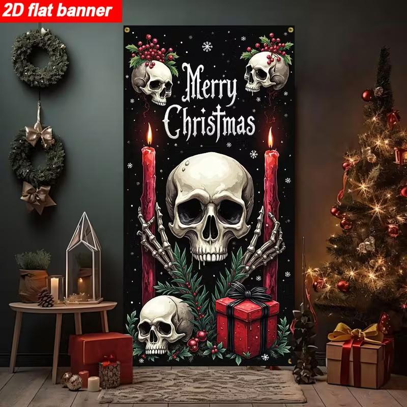 2D Dark Merry Christmas Skull Door Banner, Spooky Gothic Holiday Backdrop