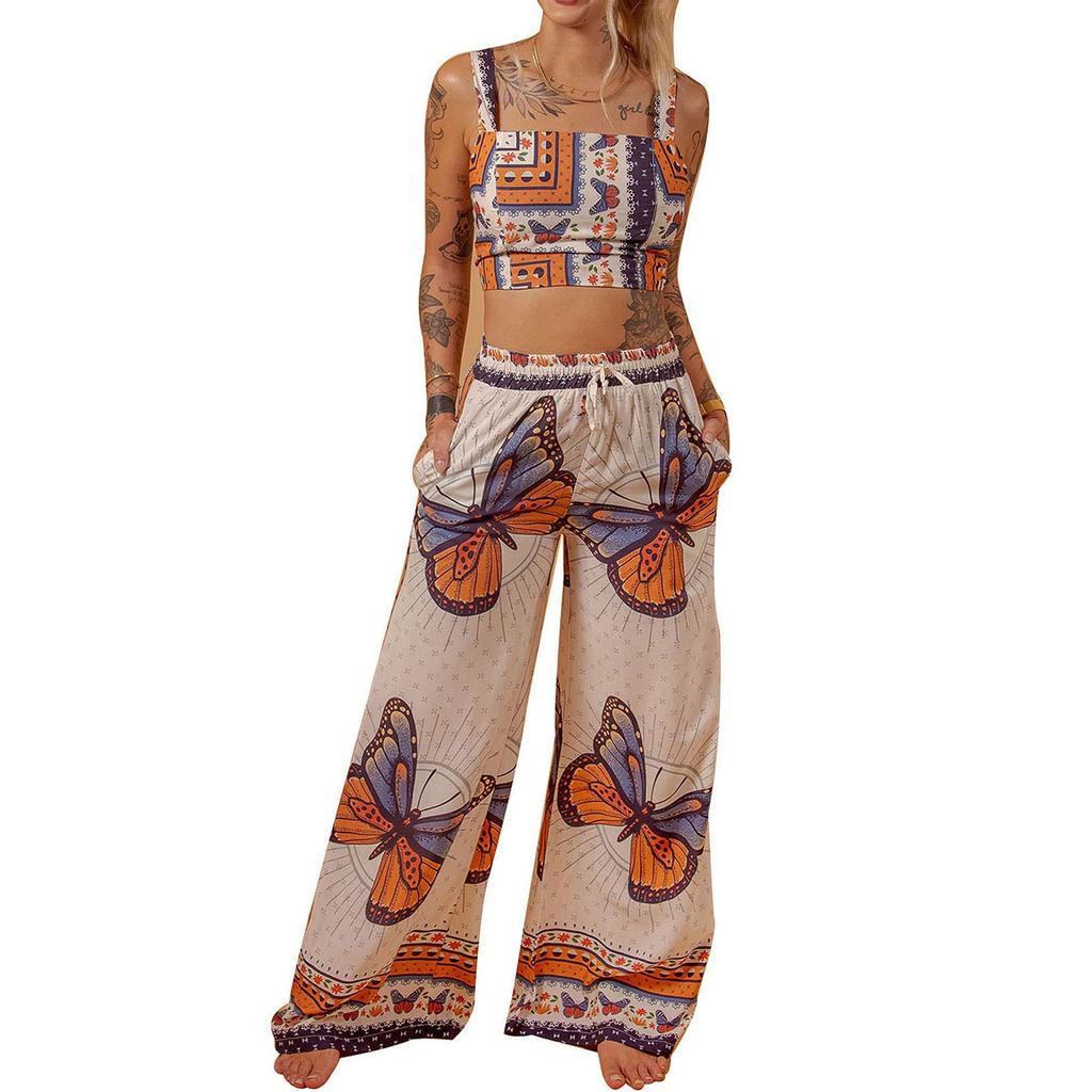 Женский повседневный топ без рукавов с принтом бабочки + длинные брюки, комплект из 2 предметов