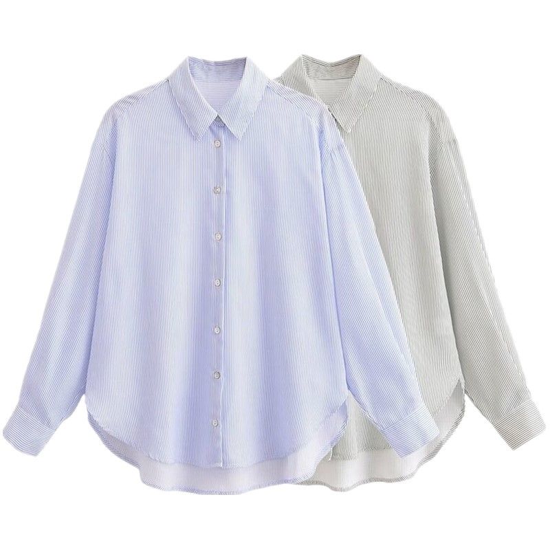 Fashion Style Summer New Women's Linen Blended Long Sleeves Polo Collar Stripes Loose Shirt 0340151