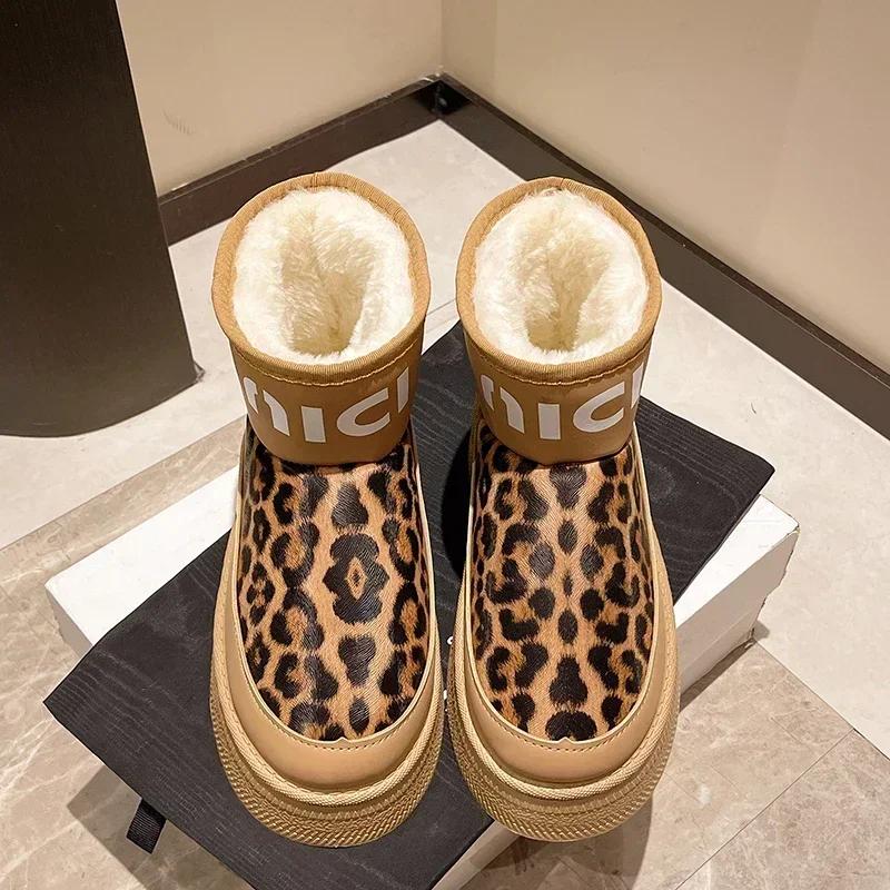 Модные леопардовые женские меховые зимние ботинки до щиколотки, на плоской подошве, на платформе, 2025, зимние, короткий плюш, теплые женские ботинки, спортивная обувь, женские ботинки челси