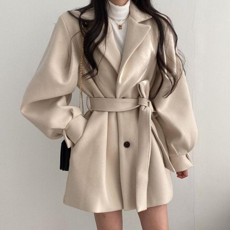 Korean Version of Chic Autumn and Winter Loose Style Coat Women's Woolen Suit Collar Mid-length Woolen Coat Women