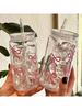 1 Bow Printed Water Cup with Lid and Straw, 16 Ounce Canned Water Cup, Iced Coffee Cup, Suitable for Tea, Juice, Milk, Birthday